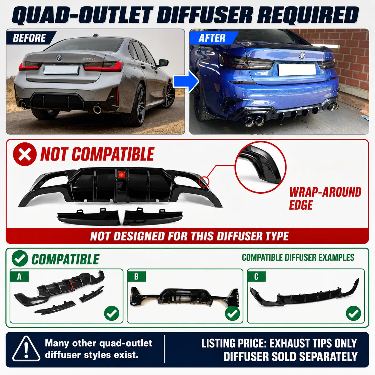 BMW 3 Series G20 G21 Quad Exhaust Tips – Stainless Steel Finish