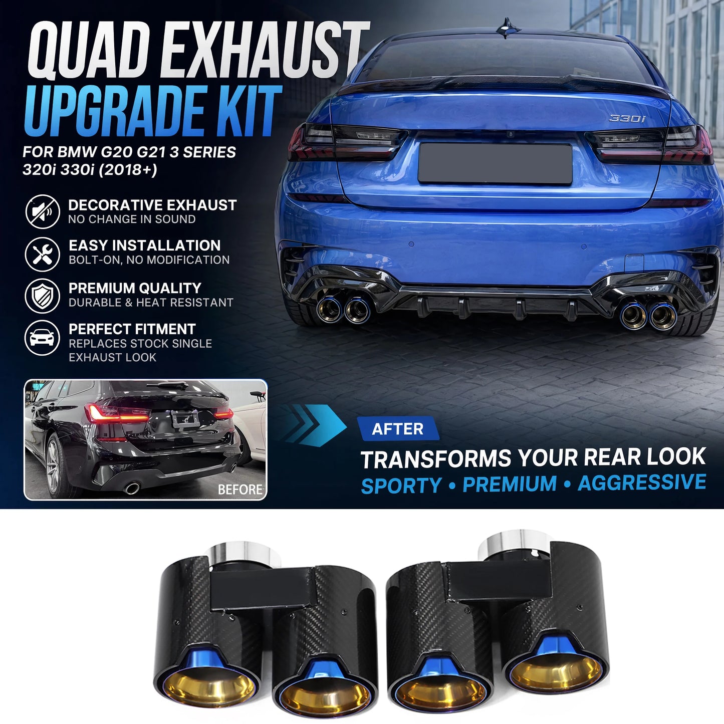 BMW 3 Series G20 G21 Quad Exhaust Tips – Stainless Steel Finish